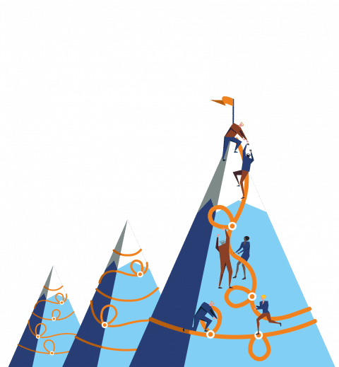 Graphic for Embracing Complexity: Three mountains cascading into background. Light blue face, dark blue shadow. Six people creating a path between each of them and helping each other scale the front-most mountain.