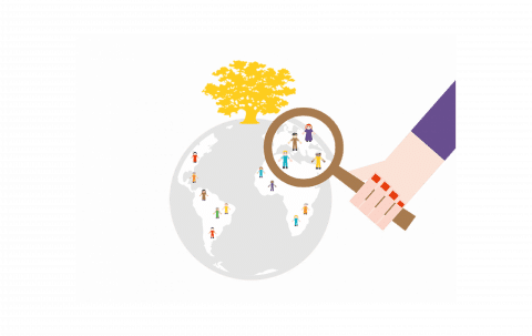 Graphic of a person holding a magnifying glass to a globe with Earth's continents on it, which is focused on three people in the European area, and all the rest of the continents have people on them as well