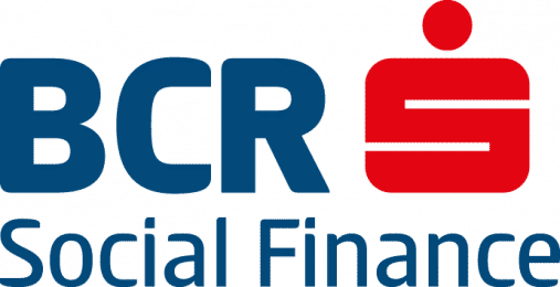 Ashoka Romania Partner BCR Social Finance Logo; BCR in large capital blue letters. Next to it is a big bold red letter S with a dot on top. Below BCR and S are the words "Social Finance" in normal blue font