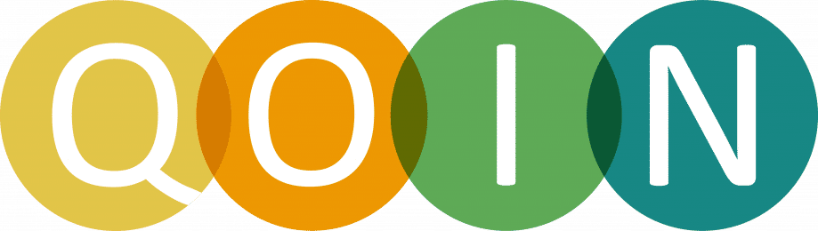 logo of qoin foundation - 4 circles of yellow, orange green and blue-ish