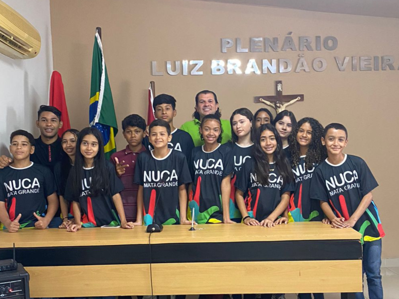 Vê-se uma foto de diversos estudantes com o Vereador Rodolfo Izodoro (Homem branco de cabelos longos e pretos) atrás de uma mesa com o escrito na parede atrás deles "Plenário Luiz Brandão Vieira"