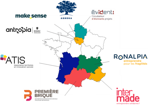 Map indicating 8 different partners for Ashoka France