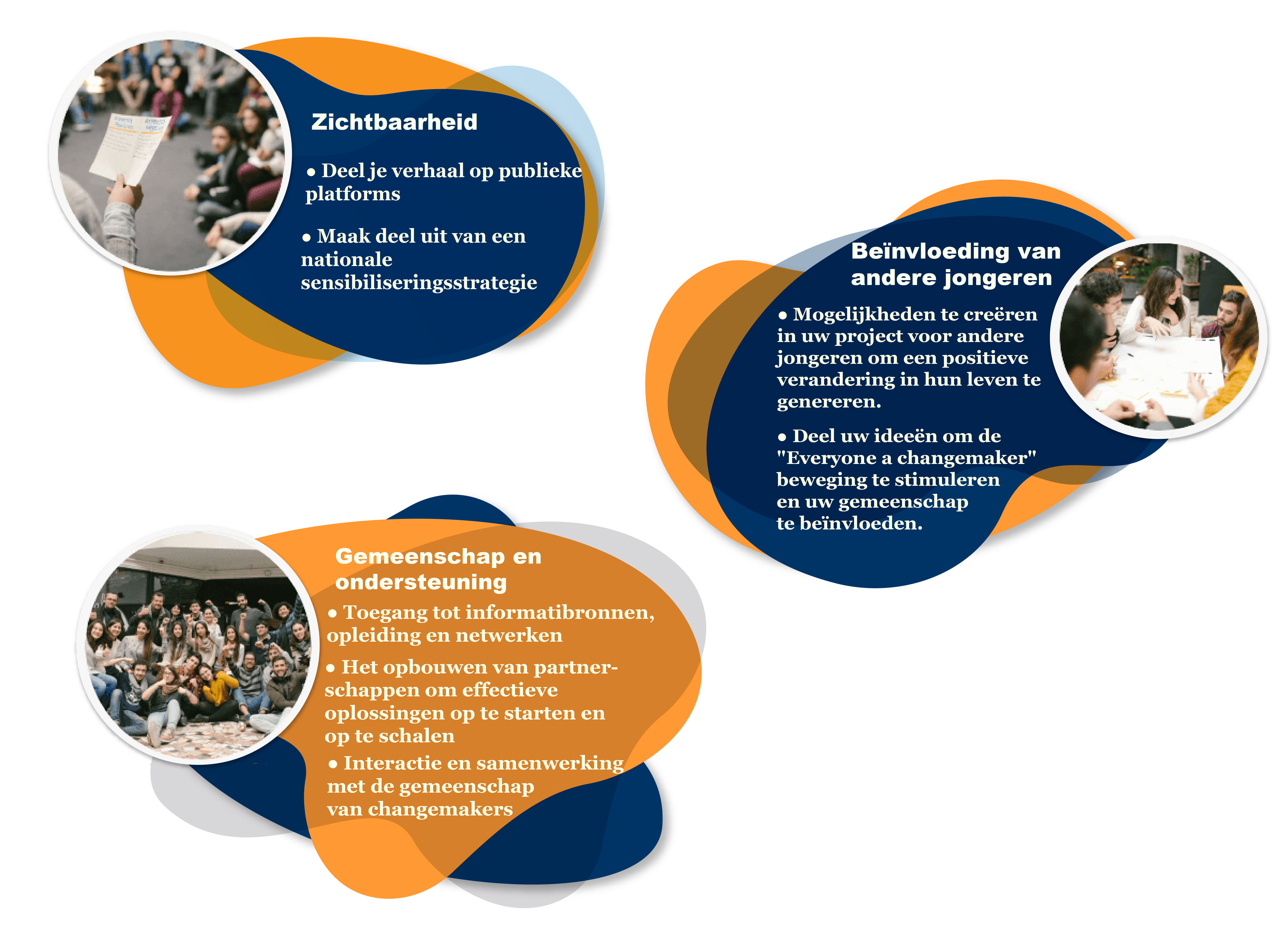 Graphic of three different incentives on what one will get with the Young Changemaker Program: Zichtbaarheid , Beïnvloeding van andere jongeren, and Gemeenschap en ondersteuning.