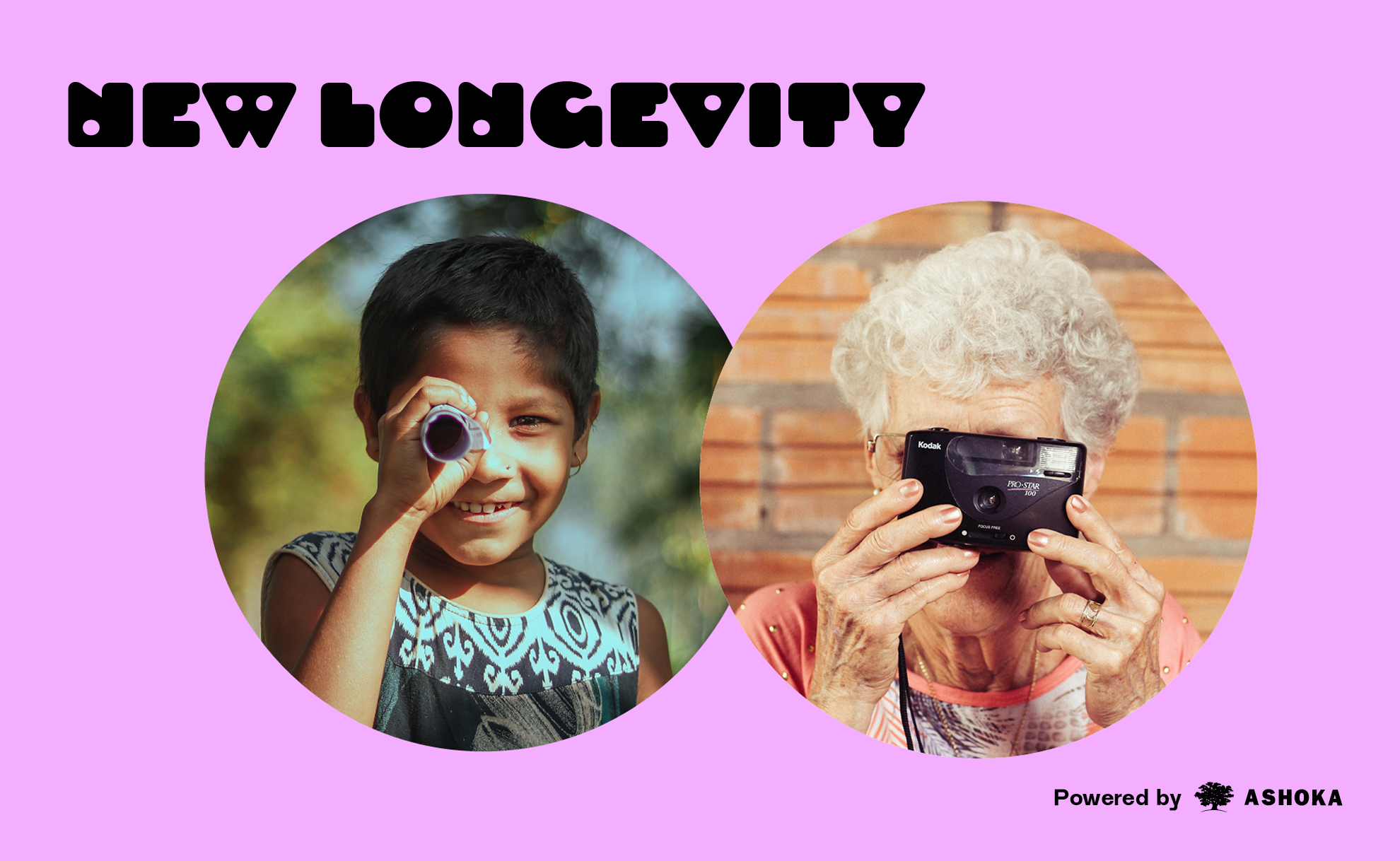 It reads new longevity by the picture of a boy looking through a lens and an old white lady behind a 90s photo camera