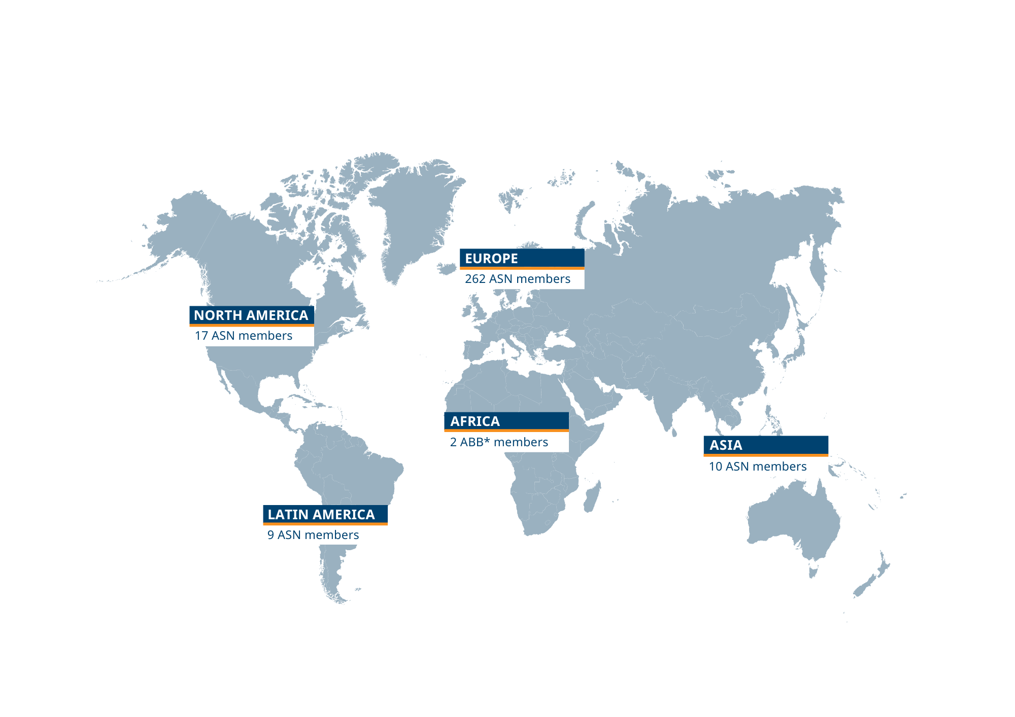 Mapa mundi with the number of ASN members per region 