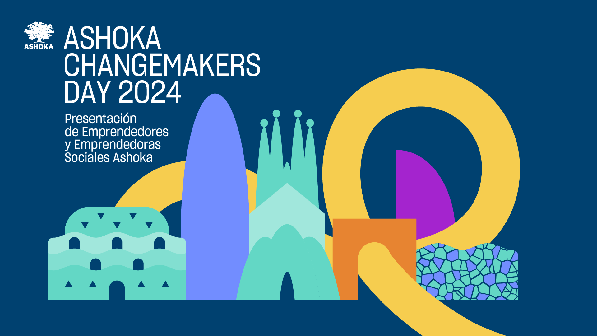 Cartel del evento Ashoka Changemakers Day 2024 con un diseño del skyline de Barcelona