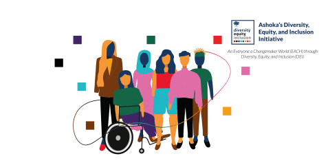 A diverse group of people, colorful squares and a colorful line in a irregular shape around them. On the right there are the logo of Ashoka's DEI Initiative, it's written "Ashoka's Diversity, Equity, and Inclusion Initiative". Right below is written "An Everyone a Changemaker World (EACH) through Diversity, Equity, and Inclusion".