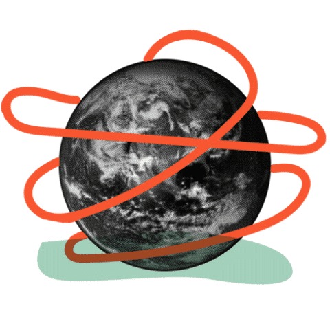 graphic of the globe with some red lines around it 