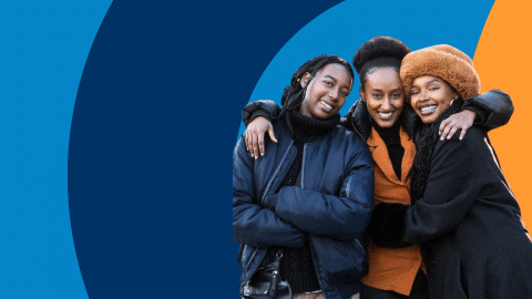 Christmas campaign, giving campaign, three girls in blue background