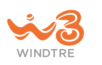 Logo for Wind-Tre; red w and 3, with words "Windtre" below it