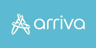 Logo for Arriva Italy, Ashoka Italy (Italia) Partner; Rectangle with Light blue / green fill; in the middle is an A made of pins in white, and arriva next to it in white lowercase lettersq
