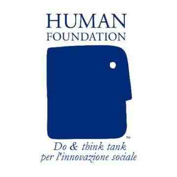 Logo for Human foundation, Partner of Ashoka Italy (Italia); the words Human Foundation in blue at the top; a cartoon figurine of a person's face left profile in dark blue. Words beneath saying in italicized blue: Do & think per l'innovazione sociale