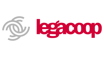Logo for Legacoop, partner of Ashoka Italy (Italia); two Cs interlocked in grey like a chain link; next to it in bold red lower case letters: legacoop