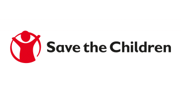 Logo fo Save the Children Partner Ashoka Italy (Italia); cartoon child with hands in the air all in red, circle around the cartoon in red; Words to the right Save the Children in Black