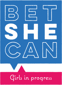 Logo for Bet She Can, Ashoka Italy (Italia) Partner; Square Blue chat bubble. Inside of it, outlined in white in capital letters: "Bet;" underneath in solid all white capital letters "She"; underneath in outlined white capital letters "Can." underneath the blue chat bubble is a rectangular dark ping chat box that says in small white letters "Girls in progress."
