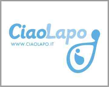 Logo for CiaoLapo; Large bold Dark blue text Ciao, next to large bold light blue text Lapo. After Lapo is a dot leading to a circle area. Underneath in small dark blue letters: www.chiaolapo.it