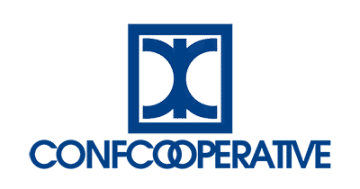 Logo for Confcooperative; partner for Ashoka Italy. Confcooperative in dark blue lettering