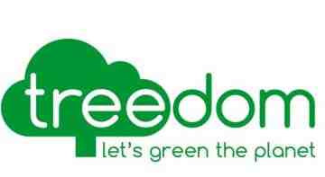Logo for Treedom, partner of Ashoka Italy. Green tree with the word "tree" in white lowercase within the top of the tree; letters "dom" in green next to the word "tree;" underneath the words in green: let's green the planet