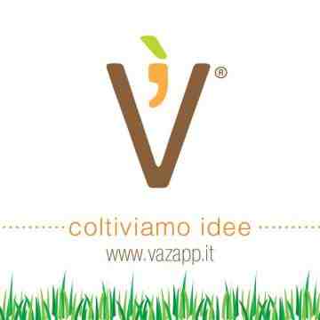 Logo for Vazapp, Partner of Ashoka Italy; Brown V with a carrot cartoon in the middle of the v. Below it words "coltiviamo idee" in beige, and underneath "www.vazapp.it" in brown. Underneath the website, along the bottom edge of the logo, is a lawn of grass.