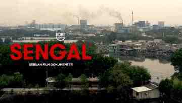 A poster for a documentary called Sengal shows factory buildings and scenes full of air pollution. 