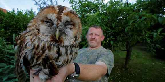 man holding an owl in his hand