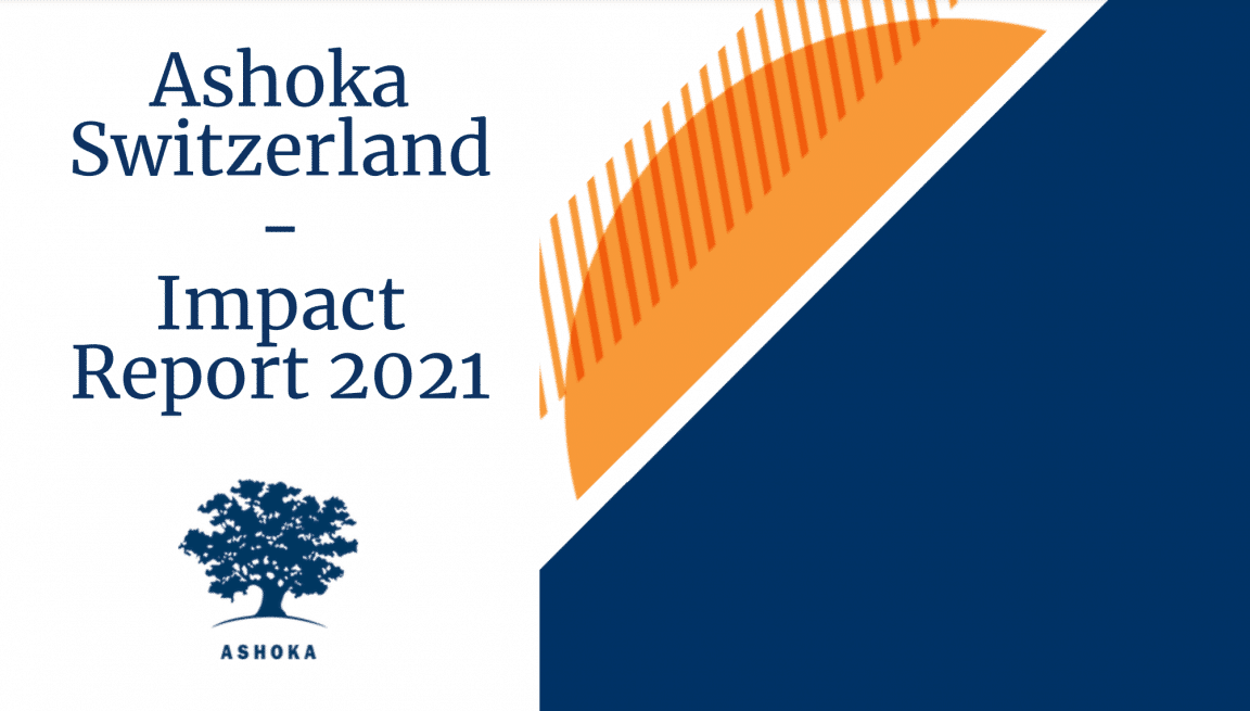 ashoka switzerland impact report 2021 cover page. left hand side is a white background with the title and blue tree ashoka logo. right side is a navy and orange graphic of a rising sun.