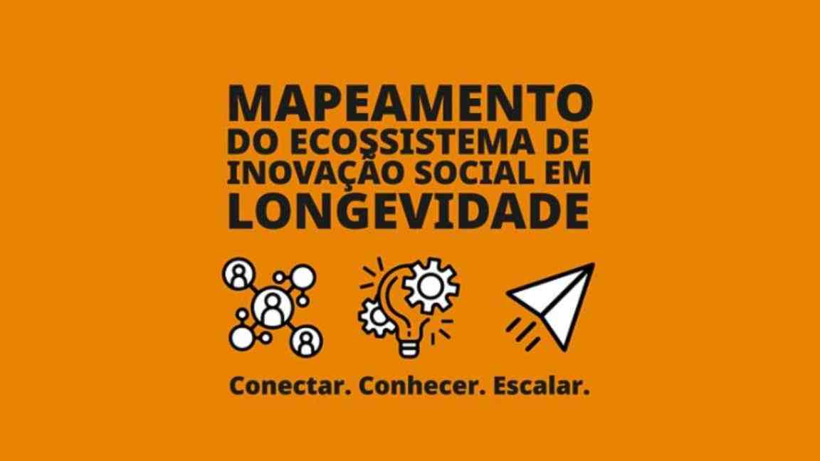 Lê-se em destaque "Mapeamento do Ecossistema de Inovação Social em Longevidade" e abaixo há ícones que representam as palavras escritas abaixo de cada um: Conectar. Conhecer. Escalar.