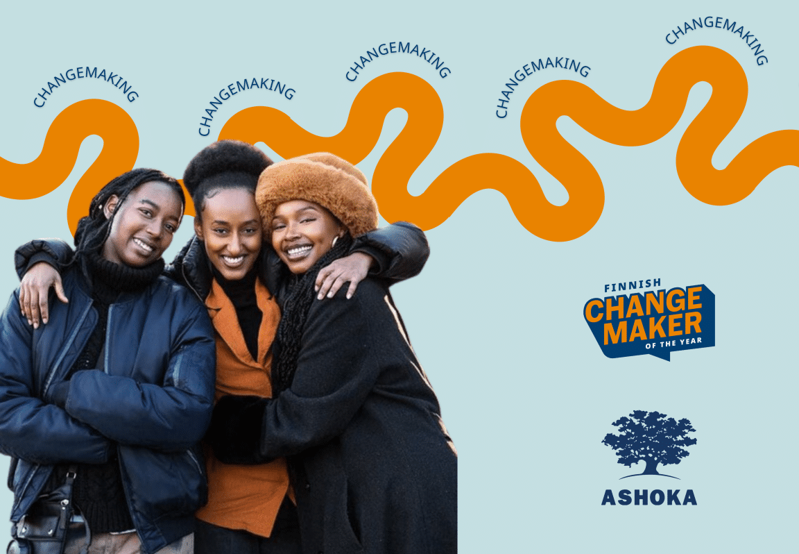 three happy young changemakers, light blue background, orange curve line, ashoka logo in blue and young changemker finish in orange