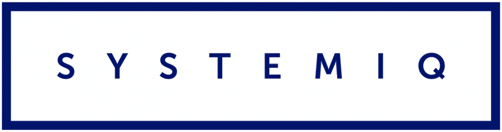 SystemIQ Logo. Blue box with clear filling around capital letters SYSTEMIQ in blue writing.