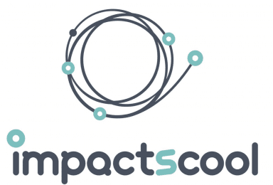 Logo for Impactscool, Partner of Ashoka Italy. At top, a spiral of wire in black with small light blue circles throughout the spiral; below the spiral the words "Impactscool," with the circle above the eye being in light blue, and the s being light blue as well
