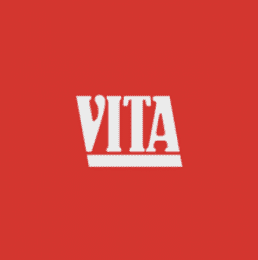 Logo for Vita. Giant red square. In the center, "Vita" underlined and in bolded white letters