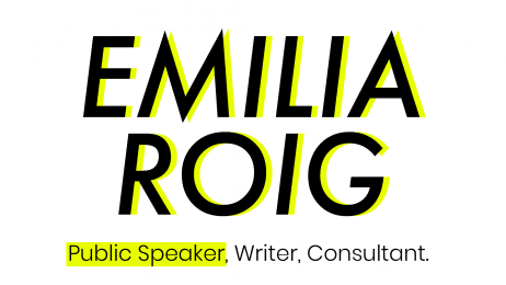 It's written "Emilia Roig" in black, with faint yellow light around each letter. Below, it's written Public Speaker (highlighted in yellow), Writer, Consultant in black.