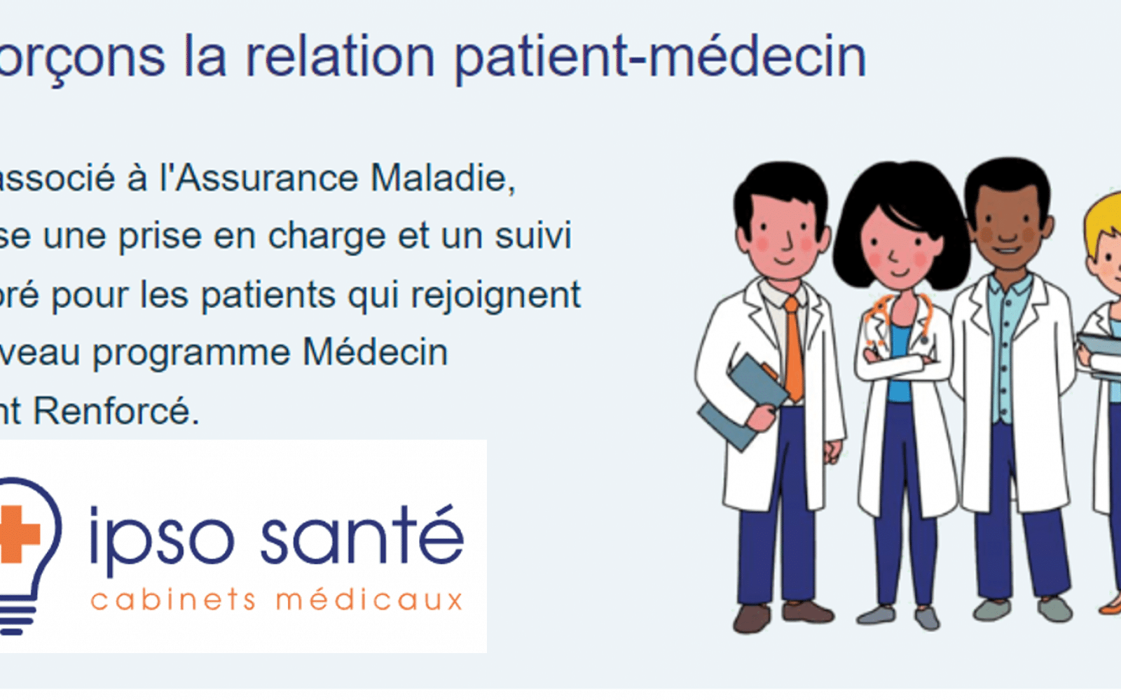 descriptif IPSO Santé et 4 personnages dessinés en médecin