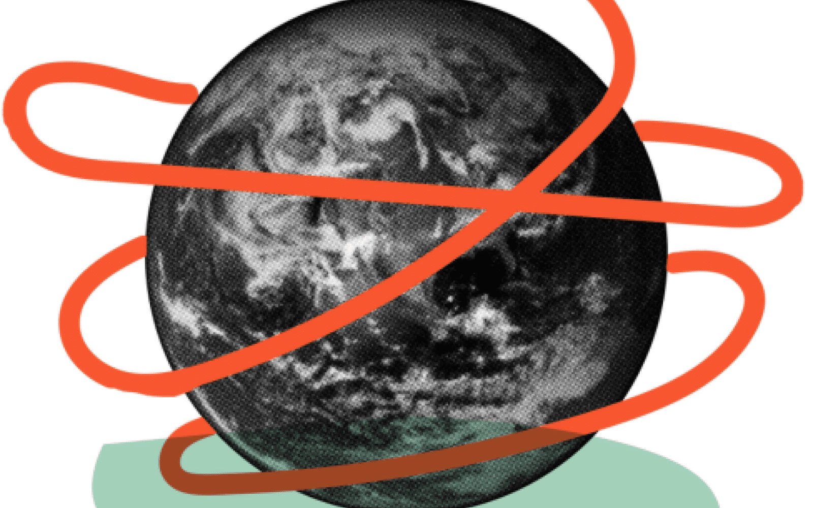 graphic of the globe with some red lines around it 