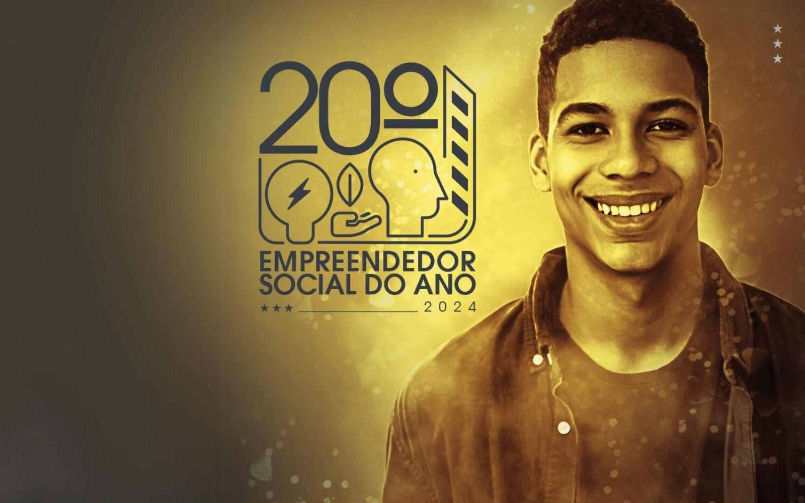Foto de um garoto negro de cabelos curtos e cacheados ao lado da logo do Prêmio Empreendedor Social do Ano 2024