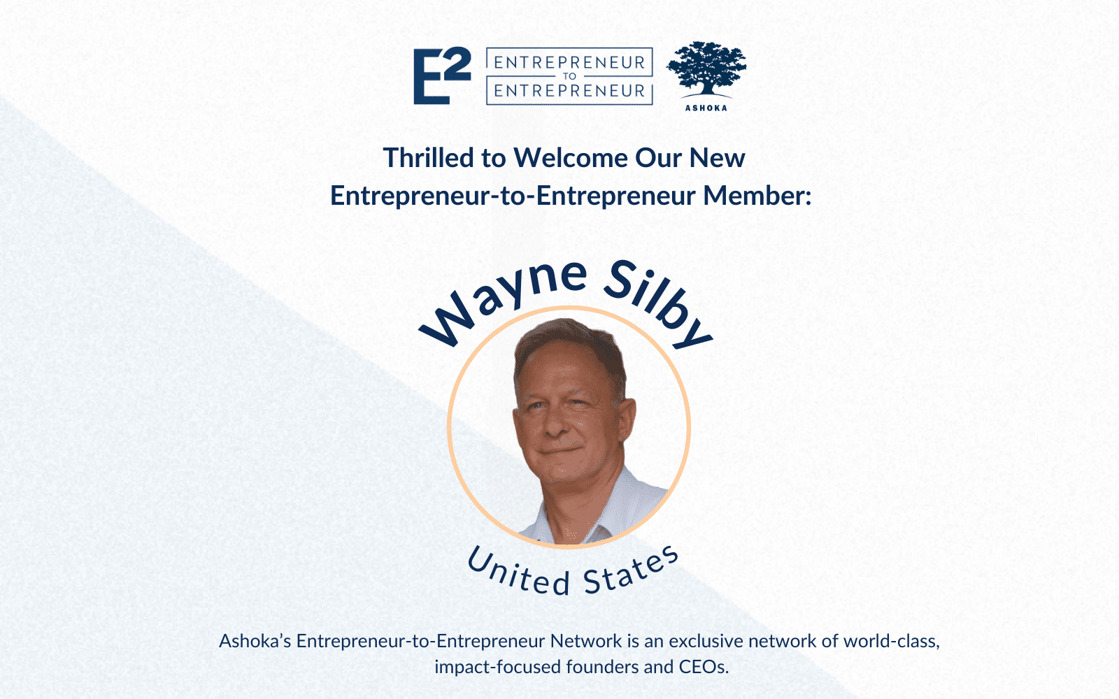 A graphic welcoming Wayne Silby, a US-based E2 member, to the network 