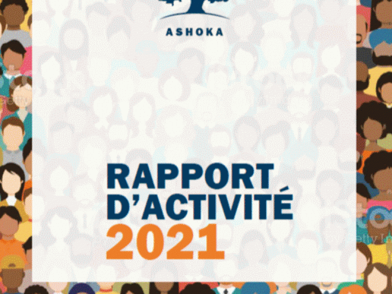 visages et logo ashoka ainsi que texte Rapport d'activités 2021