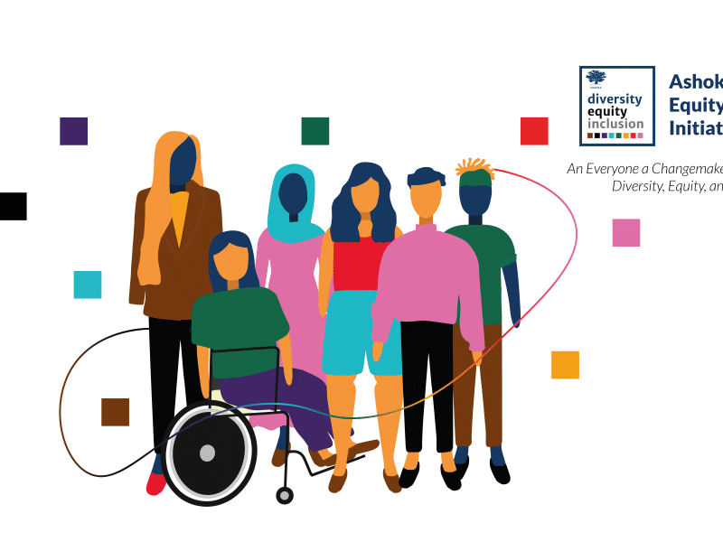 A diverse group of people, colorful squares and a colorful line in a irregular shape around them. On the right there are the logo of Ashoka's DEI Initiative, it's written "Ashoka's Diversity, Equity, and Inclusion Initiative". Right below is written "An Everyone a Changemaker World (EACH) through Diversity, Equity, and Inclusion".