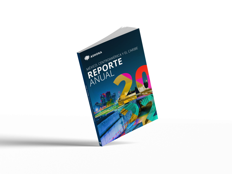 En la imagen se ve la portada de un libro que dice Reporte Anual 2022 Ashoka México, Centroamérica y el Caribe
