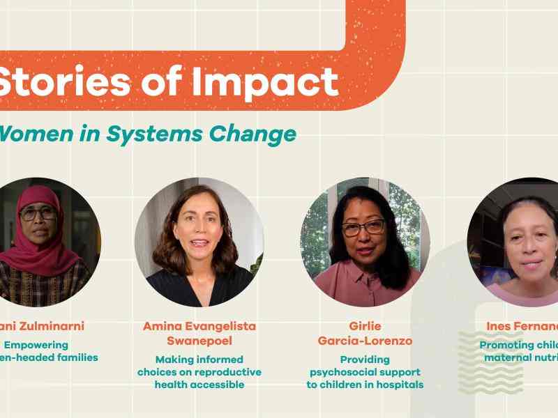 Photos of Ashoka Fellows Nani Zulminarni, Amina Evangelista Swanepoel, Girlie Garcia Lorenzo, Ines Fernandez with vectors and the text "DIWA Stories of Impact - Women in Systems Change"