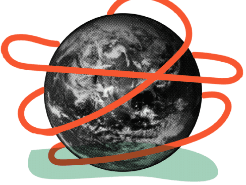 graphic of the globe with some red lines around it 