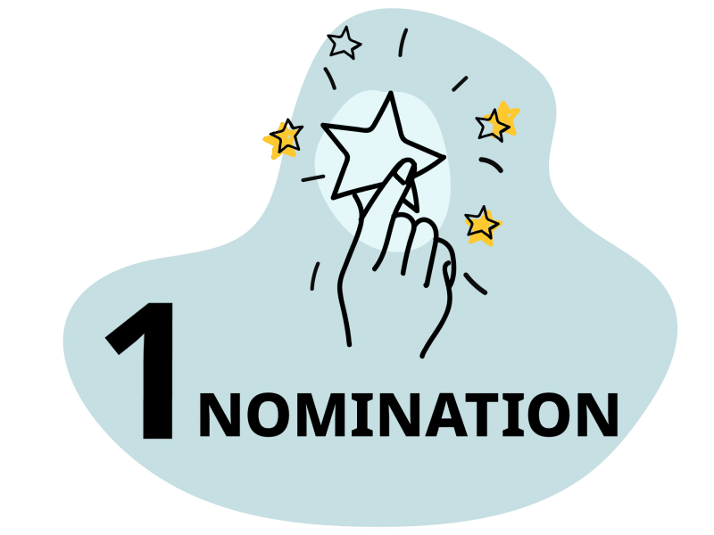 A designed icon. Icon has light blue / green outline in the background. In the foreground at the top of the icon is a hand holding a star that is shining brightly. Below the hand is the text: "1: Nomination"