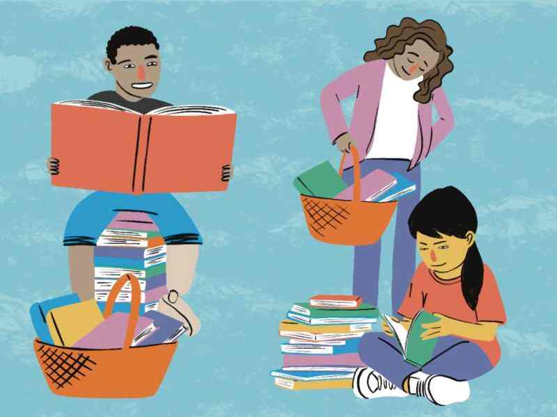 Colorful drawing of children holding books and reading