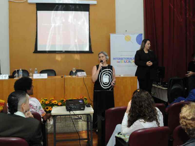 Vê-se Helena Singer (mulher branca de cabelos médios, lisos e grisalhos) segurando um microfone em frente a uma mesa em cima de um palco com diversas pessoas sentadas em cadeiras de frente para ela