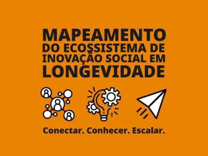 Lê-se em destaque "Mapeamento do Ecossistema de Inovação Social em Longevidade" e abaixo há ícones que representam as palavras escritas abaixo de cada um: Conectar. Conhecer. Escalar.